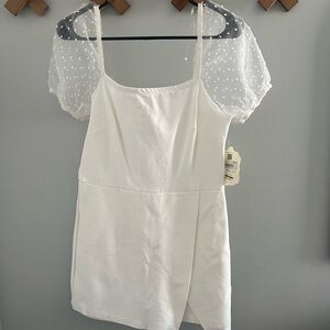 White Romper with Sheer Polka Dot Sleeves